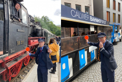 Bahnhofsfest Calw- Der Comedy Schaffner ist zuständig für die großen und kleinen Züge.